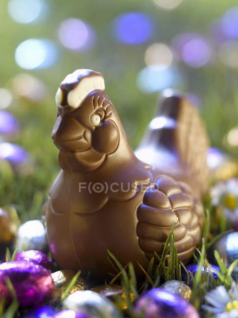 Vista close-up de galinha de chocolate de Páscoa e ovos — Fotografia de Stock