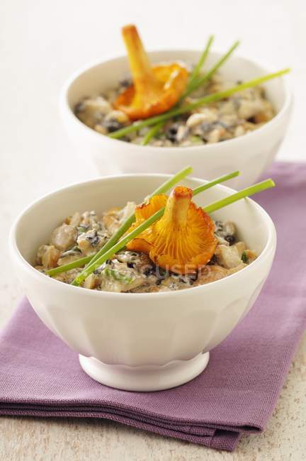 Mashed mushrooms on white bowls over purple towel — Stock Photo