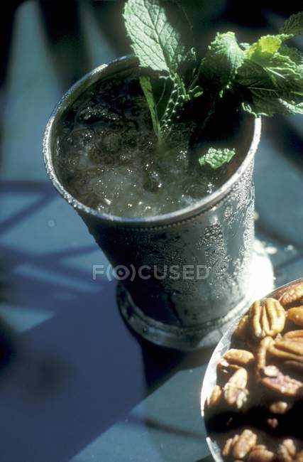Vista close-up de uísque Bourbon com hortelã-pimenta e gelo — Fotografia de Stock