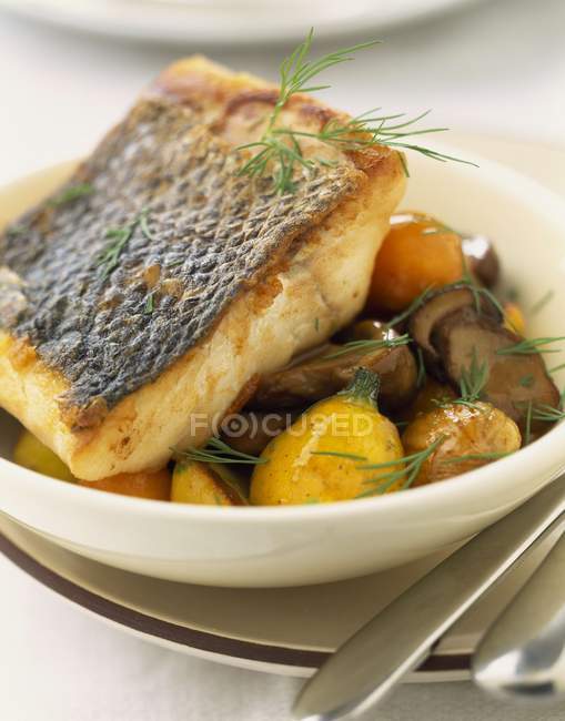 Pezzo di spigola arrosto con ceps, castagne e kumquat su piatto bianco — Foto stock