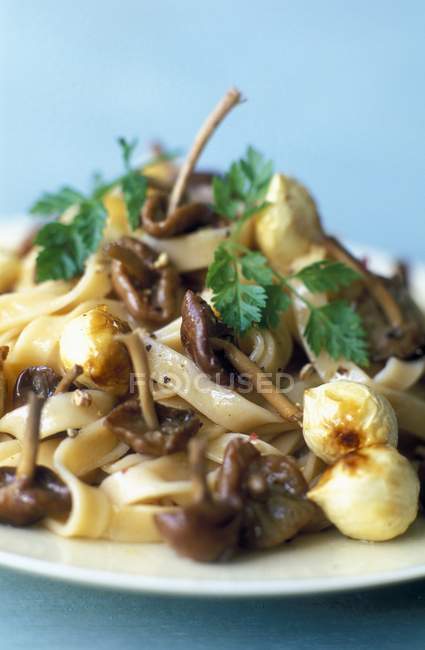 Massa Tagliatelle com cogumelos e avelãs — Fotografia de Stock