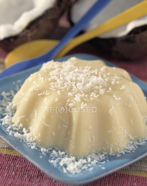 Vista de close-up de Flan Brasilien com flocos de coco — Fotografia de Stock