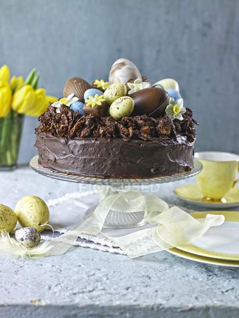 Шоколадный торт с пасхальными яйцами — стоковое фото