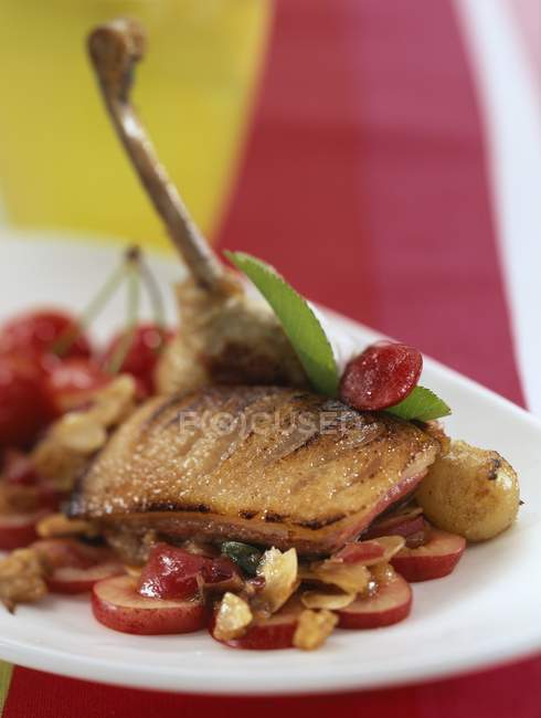 Carne di pollame con frutta su piatto bianco — Foto stock