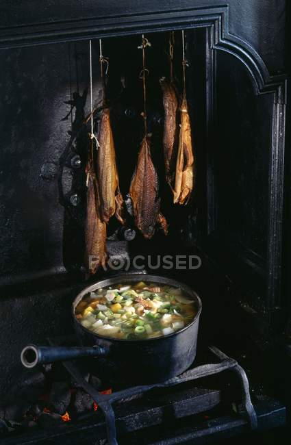 Копчений оселедець і овочевий суп — стокове фото