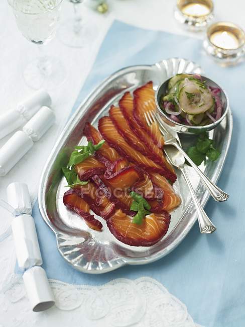 Beetroot cured salmon — Stock Photo