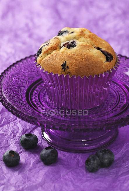 Blueberry muffin on purple glass cake — Stock Photo