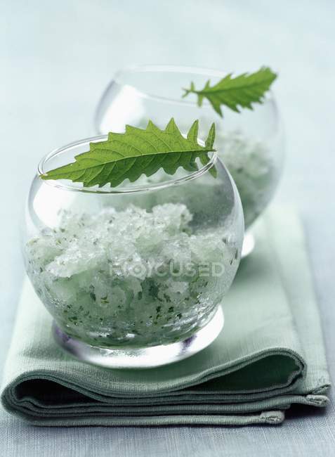Vue rapprochée de la menthe Granita avec des feuilles dans des plats en verre — Photo de stock