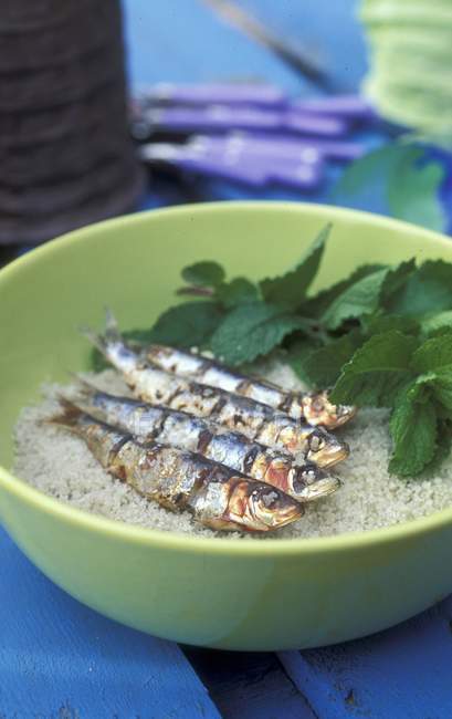 Grilled sardines in bowl with mint — Stock Photo