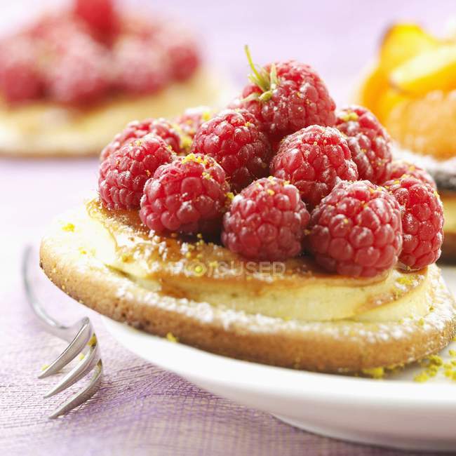 Raspberry tartlet on plate — Stock Photo