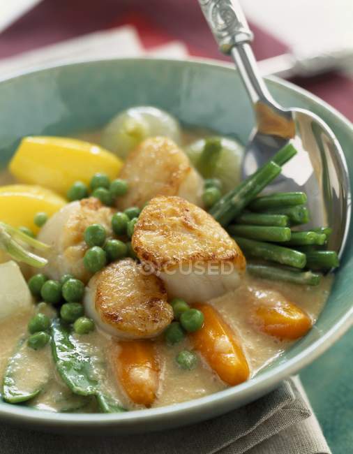 Гребешки на гриле с овощами в соусе в тарелке с ложкой — стоковое фото