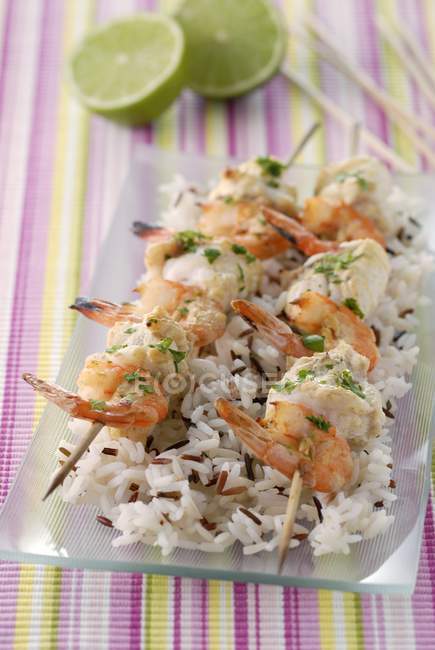 Monkfish and shrimp brochettes — Stock Photo