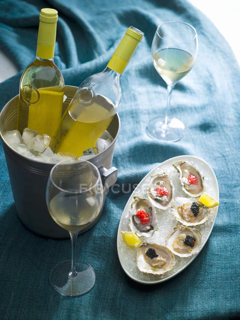 Elevated view of oysters with caviar and white wine — Stock Photo
