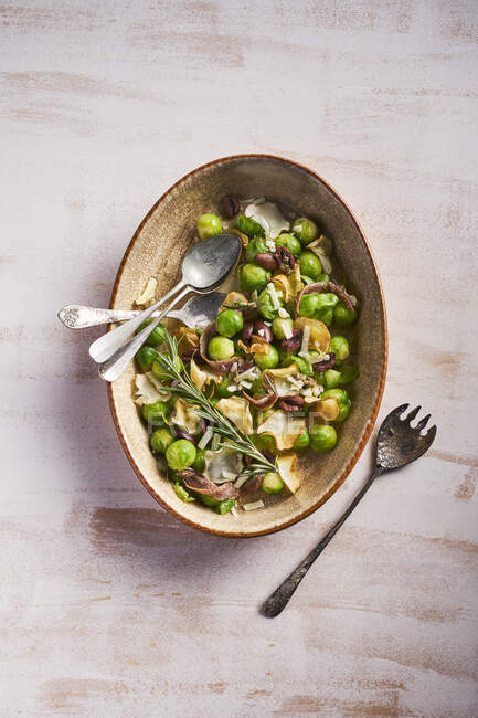 Salad of brussels sprouts with anchovy, kalamata olives, jerusalem artichoke and parmesan cheese — Stock Photo