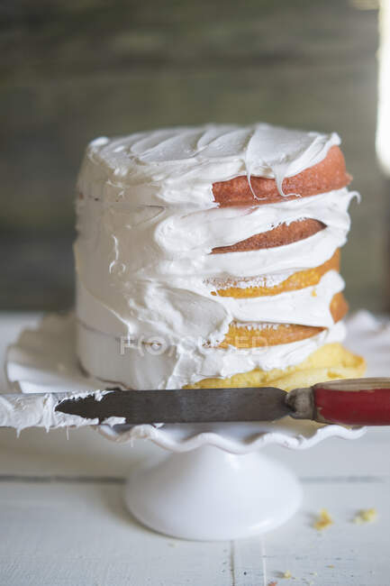 Layer Cake with knife, closeup — Stock Photo