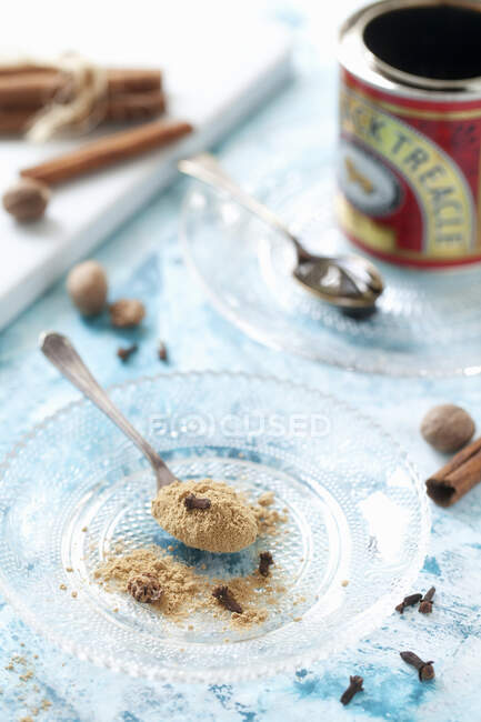 Una miscela di spezie di pan di zenzero su un cucchiaio e un piatto di vetro — Foto stock