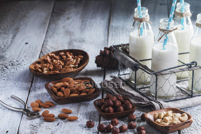 Веганское молоко из орехов в стеклянных бутылках с различными орехами — стоковое фото