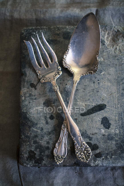 A silver dessert fork and a spoon — Stock Photo