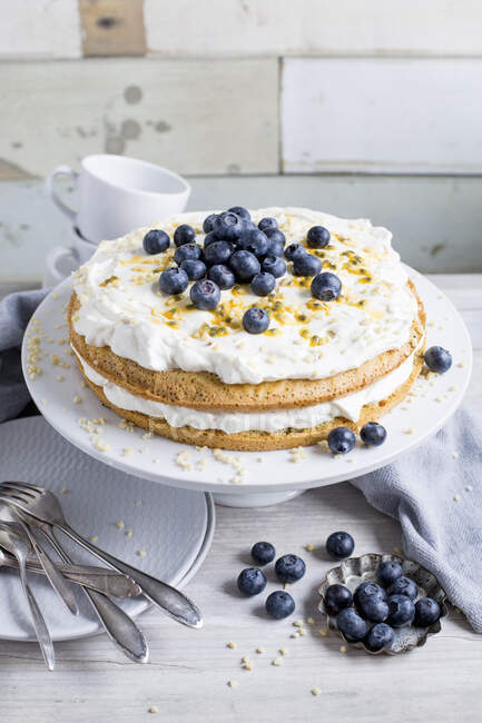 Gâteau aux fruits de la passion et aux myrtilles avec crème — Photo de stock