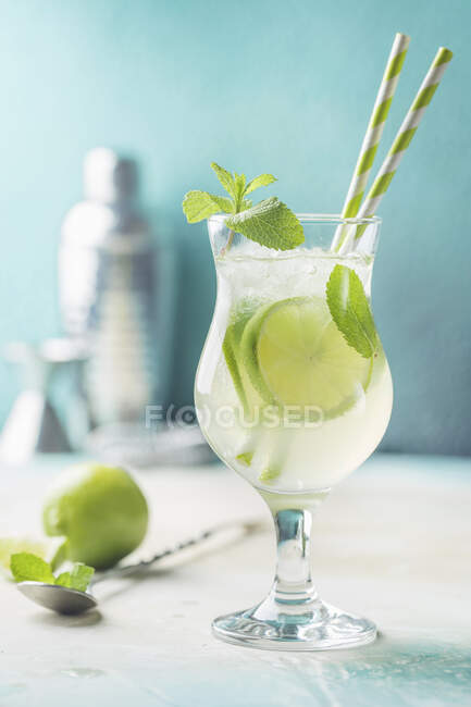 Cóctel Mojito con lima y menta en elegante vaso - foto de stock