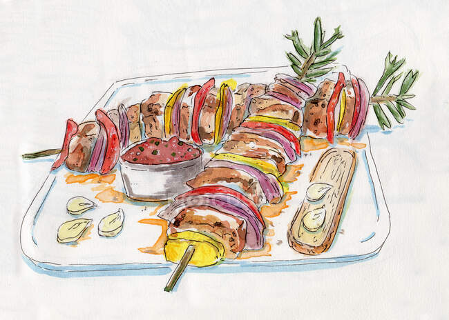 Watercolor illustration of meat and vegetables — Stock Photo