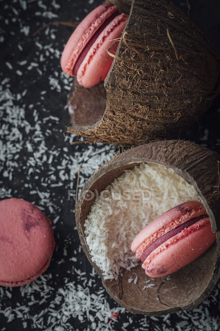 Pink macaroons with coconut flakes in shells — Stock Photo