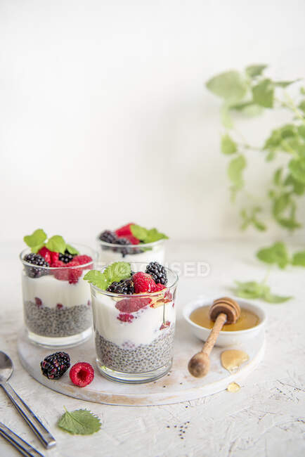 Chia pudding with yoghurt, berries, honey and mint in glasses — Stock Photo