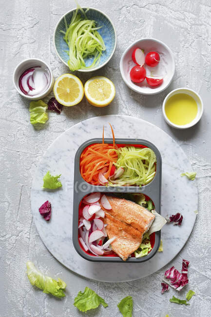 Eine gesunde Lunchbox mit Fisch und Salat — Stockfoto