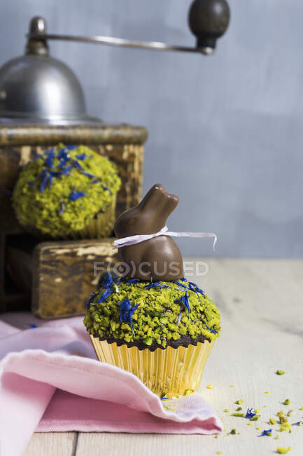 A chocolate muffin topped with chopped pistachios and a chocolate bunny — Stock Photo