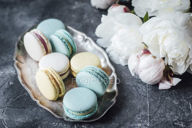 Macarons on silver dish by peony flowers — Stock Photo