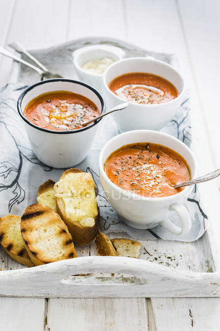 Cold tomato soup with oregano, pecorino and toasted bread — Stock Photo