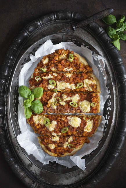Vegan pizza with lentil bolognese and vegetable cheese (top view) — Stock Photo