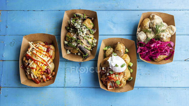 Various vegetarian dishes with fried potatoes to take away — Stock Photo