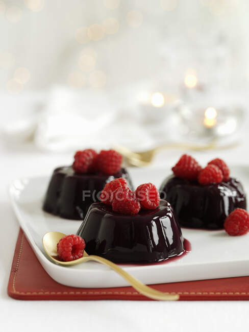 Geléias de chocolate com framboesas frescas no prato — Fotografia de Stock