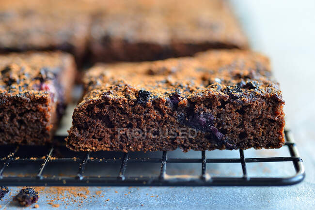Brownie con mirtilli, primo piano sul vassoio — Foto stock
