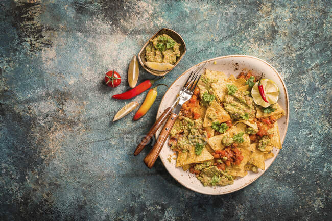 Croustilles de nacho de maïs jaune garnies de bœuf haché, guacamole, fromage fondu, poivrons et feuilles de persil — Photo de stock