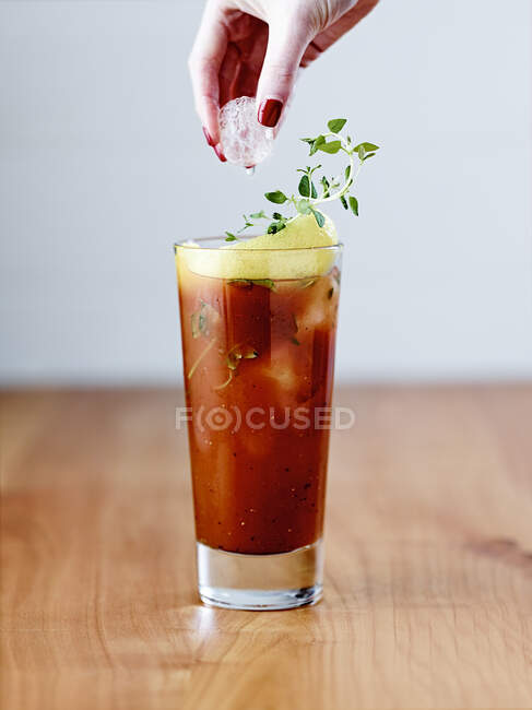 Bloody Mary cocktail with lemon and herbs, hand putting ice in glass — Stock Photo