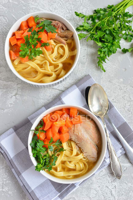 Broth with noodles and turkey — Stock Photo