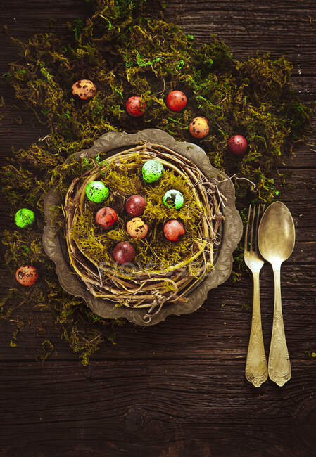 Huevos de Pascua teñidos en un nido de Pascua hecho de ramitas y musgo sobre una mesa de madera (vista desde arriba) - foto de stock