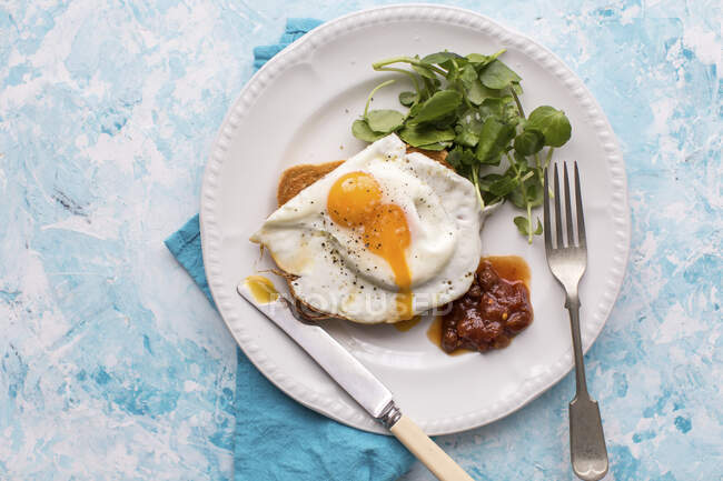 Gebratenes Ei mit Kressesalat und Tomatenchutney — Stockfoto