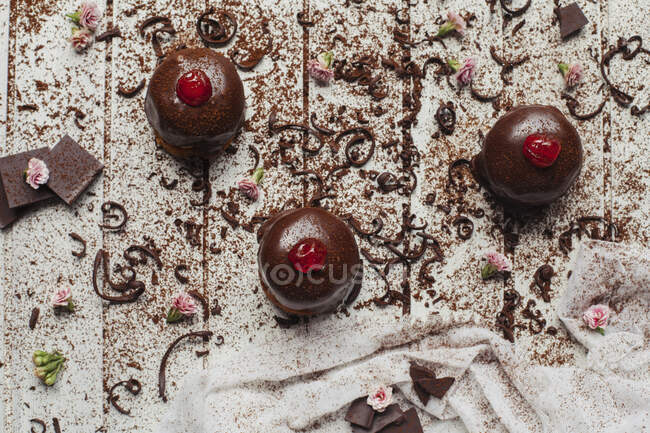 Close-up shot of delicious chocolate tart with cherries — Stock Photo