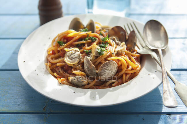 Spaghetti mit Tomaten-Venusmuschel-Sauce. — Stockfoto