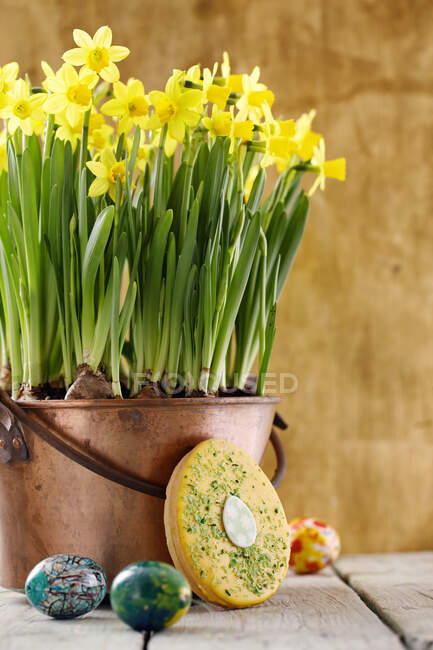 Pastel Hanseático de Pascua en forma de huevo apoyado en una olla de cobre de narcisos - foto de stock
