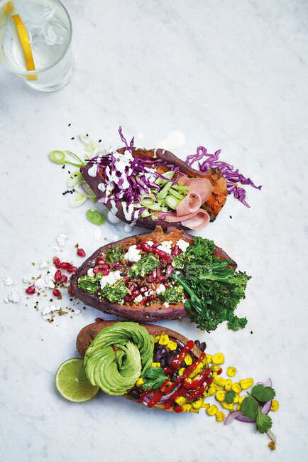 Sticky baked sweet potato three ways Japanese vibes superfood vibes and mexican vibes — Stock Photo