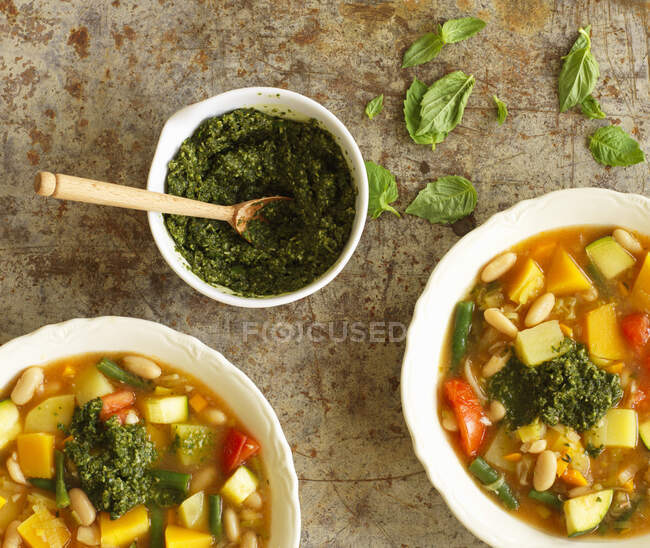 Soupe au pistou, vegetable soup with pesto, France — Stock Photo