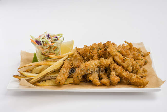 Pesce e patatine con insalata di cavolo su vassoio di carta — Foto stock
