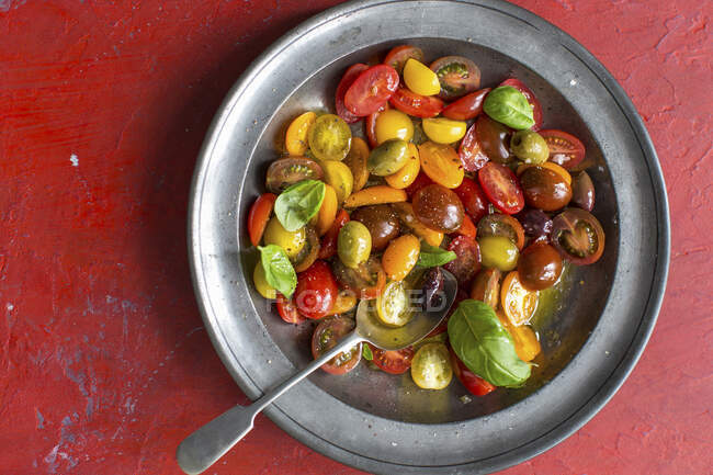 Томатний салат з оливками та базиліком у металевій мисці — стокове фото