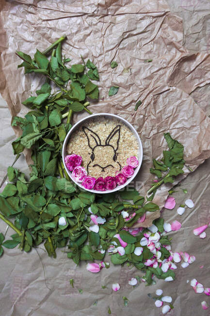 Farina d'avena decorata con un coniglio al cioccolato fondente — Foto stock