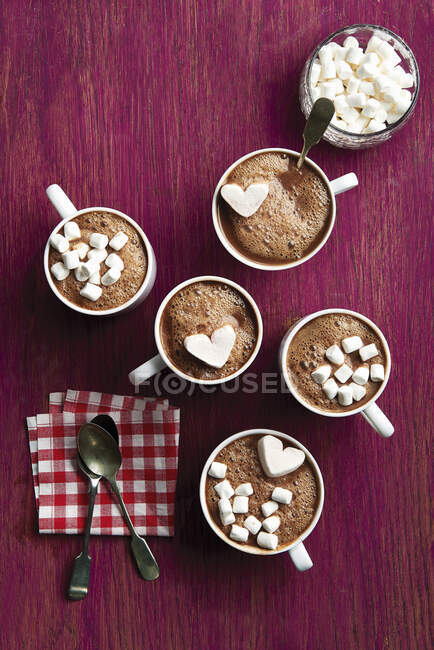Una selección de diferentes bebidas de chocolate caliente con malvaviscos — Stock Photo