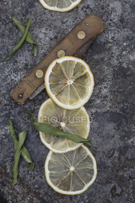 Fette di bergamotto essiccate e un coltello pieghevole vintage su sfondo grigio — Foto stock